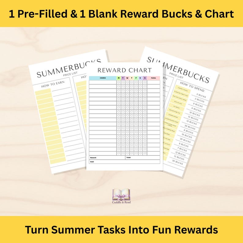 Summer Reward Chart for Kids Printable Chore Chart Bucks Coupons ...