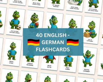 Tarjetas didácticas bilingües imprimibles en inglés y alemán sobre dinosaurios: 40 tarjetas sobre rutinas diarias y emociones para niños pequeños.