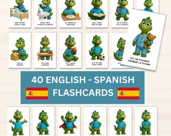 Rutina diaria en inglés y español. Tarjetas didácticas bilingües para niños pequeños. Horario visual de dinosaurios. Tarjetas de emociones. Aprendizaje Montessori en casa.