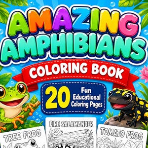May include: A coloring book titled Amazing Amphibians featuring a green frog and a black and yellow salamander on the cover. It includes 20 fun educational coloring pages with line art illustrations of a tree frog, fire salamander, and tomato frog.