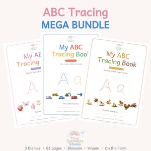 Pode incluir: Um pacote ABC Tracing Mega Bundle contendo três cadernos educativos intitulados My ABC Tracing Book. As capas exibem a letra A em maiúsculo e minúsculo, com ilustrações de flores, veículos e animais da fazenda.