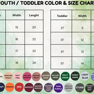 May include: A color and size chart for youth and toddler apparel. The chart includes sizes S, M, L, and XL for youth, and 2T, 3T, 4T, and 5T for toddlers. It also displays a color palette with various options like white, navy, and red.