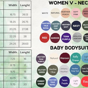 May include: Image displays size charts for Women's V-neck shirts and Baby Bodysuits. The Women's V-neck chart shows sizes S-2XL with width and length in inches. The Baby Bodysuit chart shows sizes Newborn-24 months, also in inches. Color options are also shown.