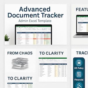 Op de afbeelding: Advertentie voor een Advanced Document Tracker Excel-sjabloon. De afbeelding toont een laptop met een spreadsheet, samen met pictogrammen voor functies zoals vervolgkeuzemenu's en voorwaardelijke opmaak. De tekst bevat "Van Chaos naar Duidelijkheid."