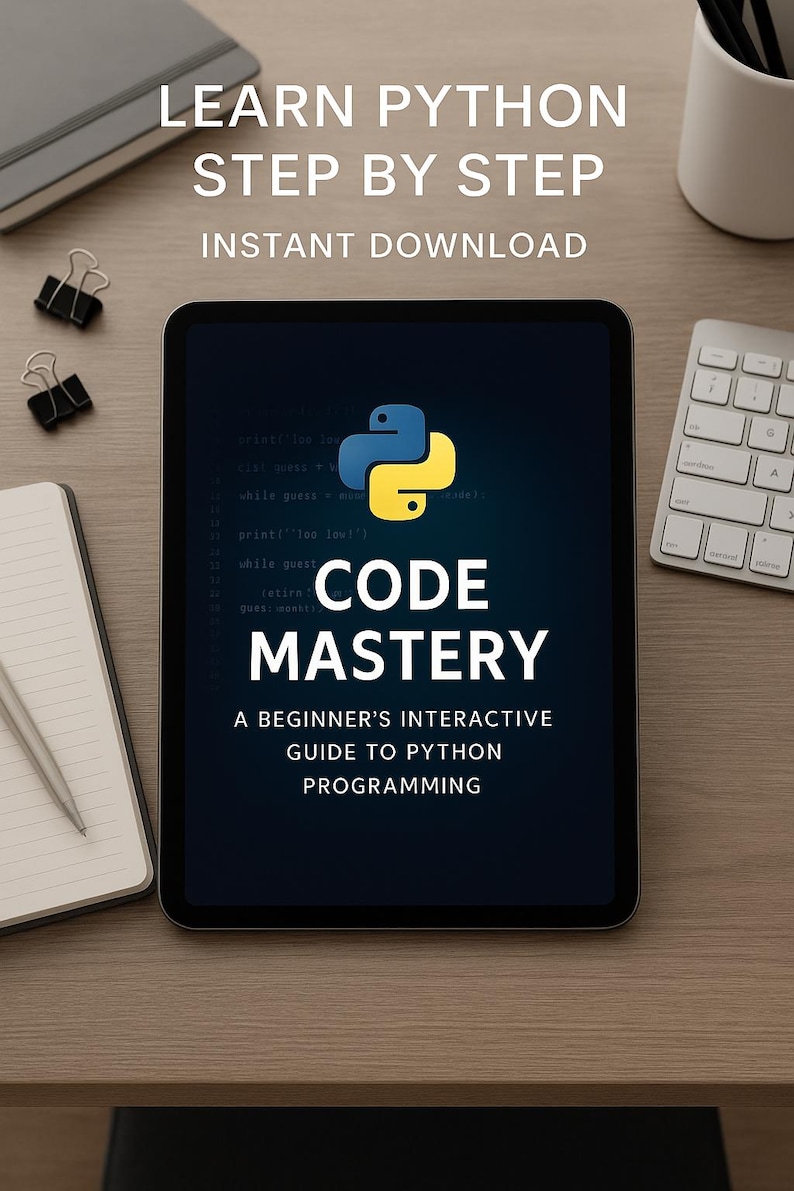 Op de afbeelding: Een tablet toont bovenaan de tekst "LEER PYTHON STAP VOOR STAP DIRECT DOWNLOADEN". Het scherm toont "CODE MASTERY" en "EEN INTERACTIEVE GIDS VOOR BEGINNERS VOOR PYTHON PROGRAMMEREN". Een Python-logo is zichtbaar. De tablet ligt op een houten oppervlak.