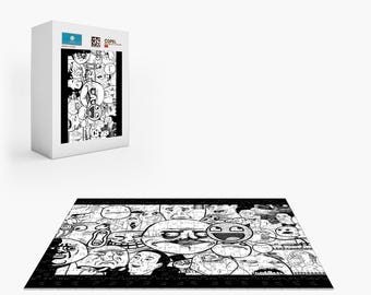 以下が含まれることがあります： ミームの顔のコラージュを特徴とする白黒のジグソーパズル。パズルは、ミームの顔のデザインも示している箱の隣に表示されます。パズルは長方形で、黒い縁があります。