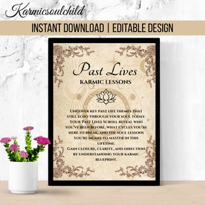Könnte beinhalten: Ein gerahmter Druck mit dem Text "Past Lives Karmic Lessons" im Vintage-Stil. Das Design umfasst eine Lotusblume und dekorative Bordüren. Die Worte "Instant Download | Editable Design" stehen oben.