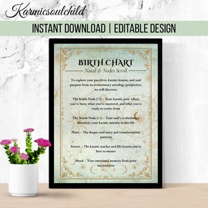 Carta natal personalizada, pergamino de nodos y astrología evolutiva, pasado kármico, propósito del alma y lecciones kármicas, descarga digital