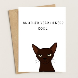 Carte d'anniversaire drôle de chat | Salutation sarcastique | carte A6 minimaliste | « Encore un an de plus ? Cool. | Cadeau pour amoureux des chats | Blanc à l'intérieur