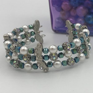 Swarovski Pearl Crystal 3 strand Butterfly Bracelet, Pearl and Hematine 3 Strand Bracelet, Butterfly bracelet, Pearl Bracelet, Wire bracelet