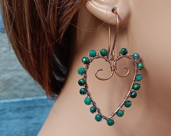 Copper Heart Emerald Earrings, Heart Earrings, Heart Emerald Gemstone Earrings,  Wire Wrapped Emerald Heart Earrings, Large Heart Earrings