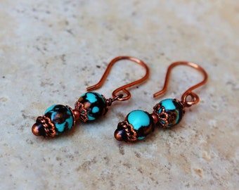 Turquoise Mosaic Copper Earrings, Turquoise Copper Beaded Earrings, Southwest Turquoise Copper Earrings, Mosaic Turquoise Beaded Earrings