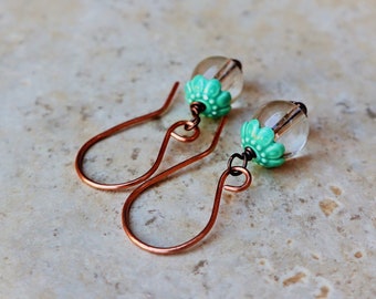 Glass flower copper earrings, Clear Glass Beaded flower capped copper earrings, Springtime earrings, Porcelain Flower cap glass earring