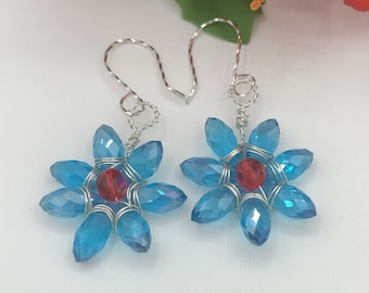 Faceted Blue and Red Glass Flower Earrings, Sterling Silver Blue and Red Glass Flower Earrings, Flower Glass Earrings, Flower Petal Earrings