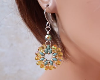 Czech glass flower earrings, hand beaded czech glass earrings, elegant czech glass spring earrings, Glass beaded earrings, flower earrings