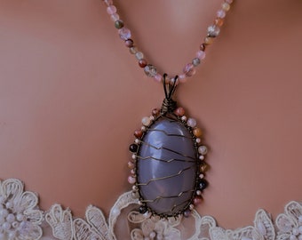 Purple Jade and Agate Necklace, Jade and Agate Necklace, Wire Wrapped Pendant and necklace, beaded necklace and Jade pendant, Jade Jewelry