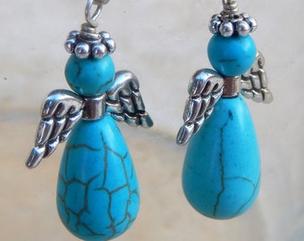Turquoise Angel Earrings, angel halo earrings, angel jewelry, blue angel earrings, silver and turquoise angel earrings, angel beaded jewelry