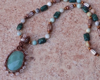 Green Aventurine Pendant and Hand Knotted Necklace, Wire Wrapped Aventurine Pendant and Hand Knotted Necklace with Amazonite and Turquoise