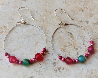 Silver Hoop Earrings with Agate Gemstones and Miracle Beads, Rainbow Hoop Earrings, Colorful Silver Hoop Earrings with Agate beads