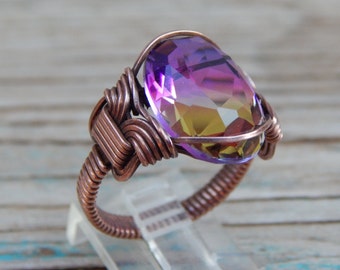 Multitone Topaz Fuchsia Rose Amethyst Faceted Glass Copper Ring, Two Tone Faceted Glass Vintage Copper Wire Wrapped ring, Copper Cab Ring