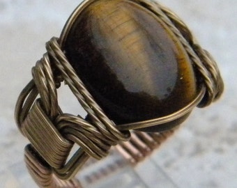 Tiger's Eye ring, Tiger's Eye Vintage Copper Ring, tigers eye gemstone ring, handmade antique ring, tigers eye wire wrapped copper ring