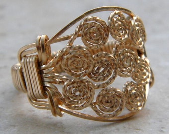 14 Kt Gold Filled Wire Wrapped Rosette Ring, gold filled wire ring, yellow gold elegant ring, rose ring in yellow gold, wire wrapped ring