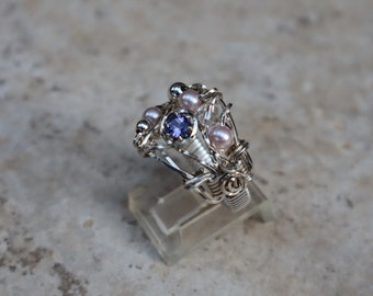 Tanzanite pearl ring, Sterling Silver Tanzanite Pearl Ring, Wire Wrapped Pearl and Tanzanite Ring, Tanzanite ring, Silver Tanzanite Ring