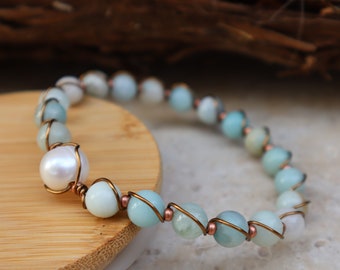 Amazonite and Pearl Copper bangle bracelet, Amazonite and Pearl bracelet, Amazonite gemstone bracelet, pearl bangle bracelet