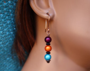 Rainbow Miracle Bead and Czech Glass Copper Earrings, 3D Illusion Chatoyancy Copper Colorful Earrings, Multi Color Miracle Beaded Earrings