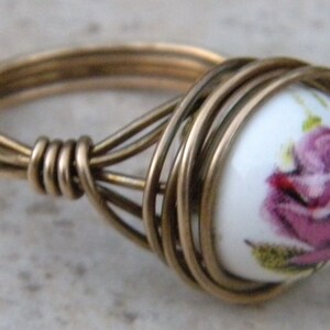 Rose Ring, porcelain painted rose ring, wire wrapped rose ring, bronze rose ring, pink rose ring, porcelain rose beaded ring image 2