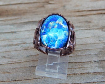 Caribbean Blue Opal Glass Copper Wire Wrapped Ring, Blue Glass Cabochon copper ring, Copper Pharoah Ring with Blue Opal Glass 18x13 cabochon