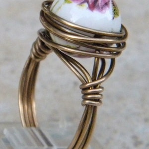 Rose Ring, porcelain painted rose ring, wire wrapped rose ring, bronze rose ring, pink rose ring, porcelain rose beaded ring image 5