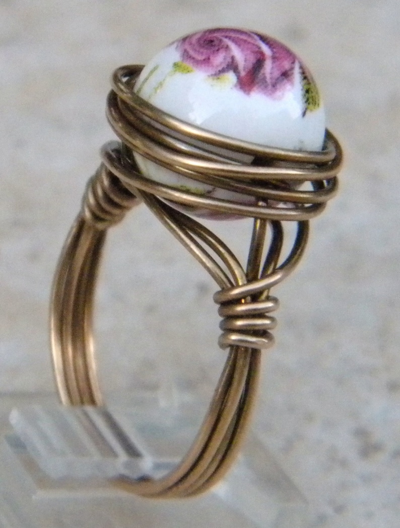 Rose Ring, porcelain painted rose ring, wire wrapped rose ring, bronze rose ring, pink rose ring, porcelain rose beaded ring image 5