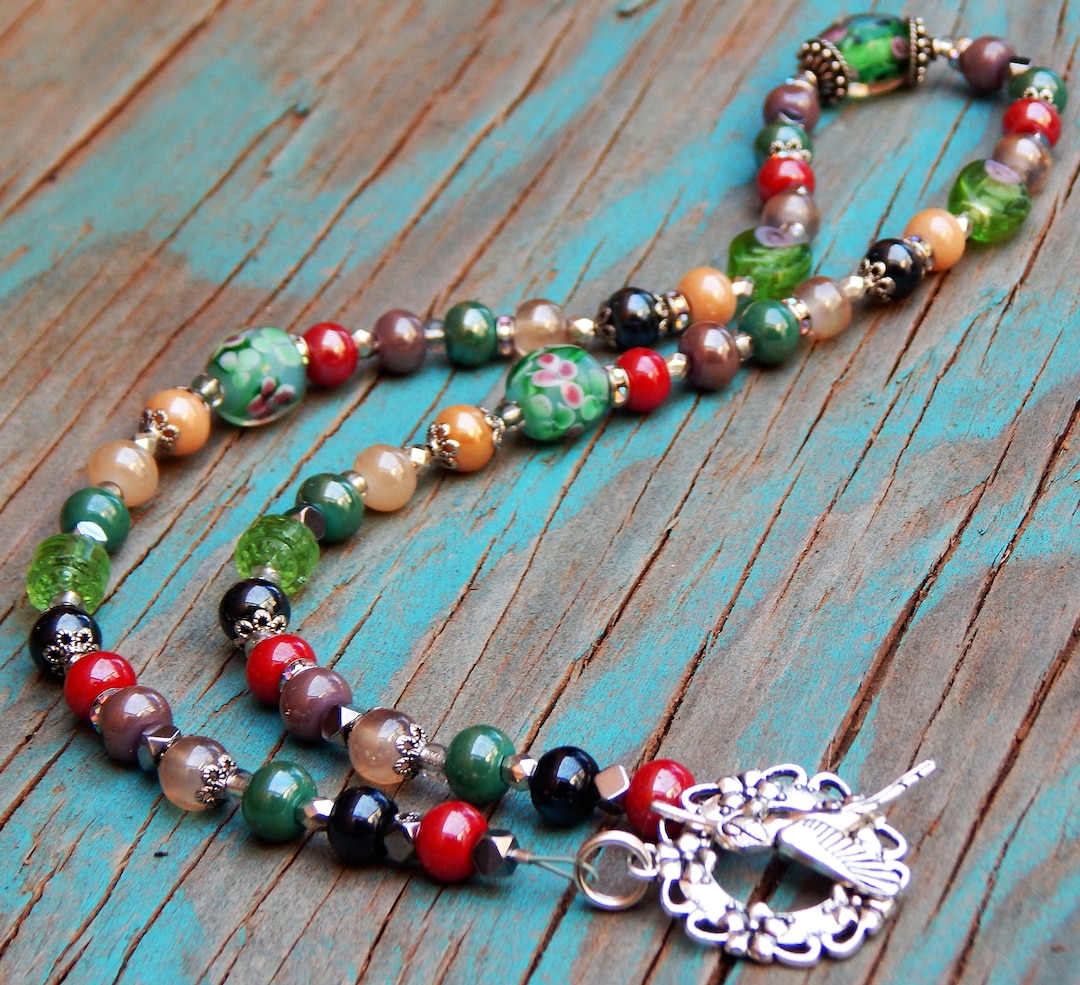 Glass Bead Flower Necklace, Painted Flower Beaded Necklace, Spring
