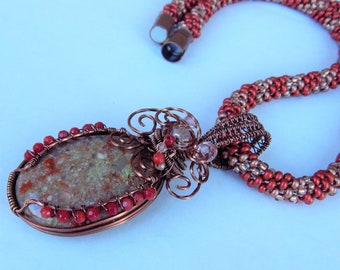 Jasper Necklace, Jasper and Coral Gemstone Necklace, Wire Wrapped Jasper pendant, Jasper and Czech glass kumihimo necklace, jasper jewelry