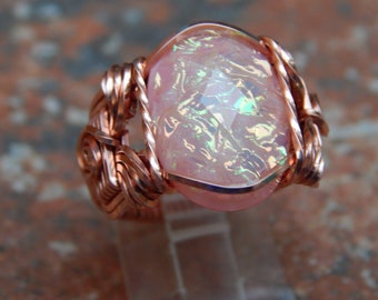Copper Faceted Czech Glass Ring, wire wrapped Pink Czech glass ring, custom made Czech glass copper ring, faceted czech glass wire ring