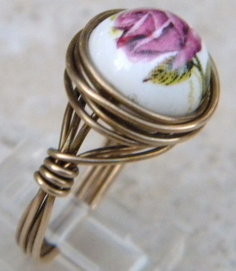 Rose Ring, porcelain painted rose ring, wire wrapped rose ring, bronze rose ring, pink rose ring, porcelain rose beaded ring image 3