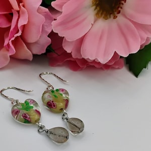 Glass Heart Earrings with Rutilated Quartz drops, heart earrings, silver heart earrings, rose heart earrings, heart and dangle bead earrings