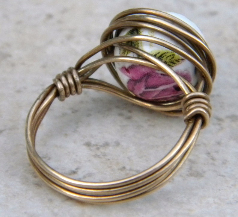 Rose Ring, porcelain painted rose ring, wire wrapped rose ring, bronze rose ring, pink rose ring, porcelain rose beaded ring image 4