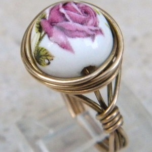 Rose Ring, porcelain painted rose ring, wire wrapped rose ring, bronze rose ring, pink rose ring, porcelain rose beaded ring image 1