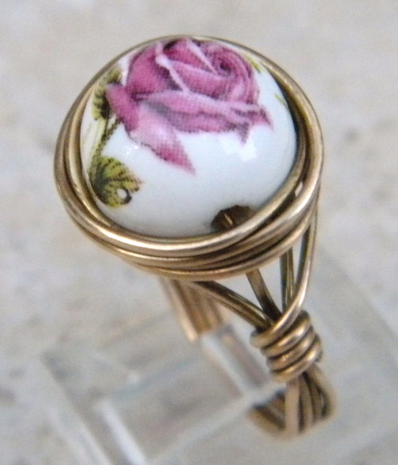 Rose Ring, porcelain painted rose ring, wire wrapped rose ring, bronze rose ring, pink rose ring, porcelain rose beaded ring image 1