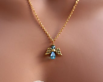 Aquamarine Angel Pendant and chain, March birthstone angel necklace, Aquamarine angel necklace, gold and aquamarine angel & gold tone chain