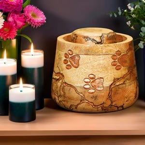 Carved Paw Pet Urn for Ashes | Thunder Design Wooden Cremation urn for pet ashes | Personalized urn for dog