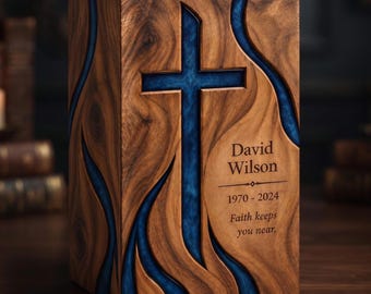 Personalized Christian Cross Wooden Cremation Urn, Blue Resin Inlay, Custom Engraved Memorial Keepsake
