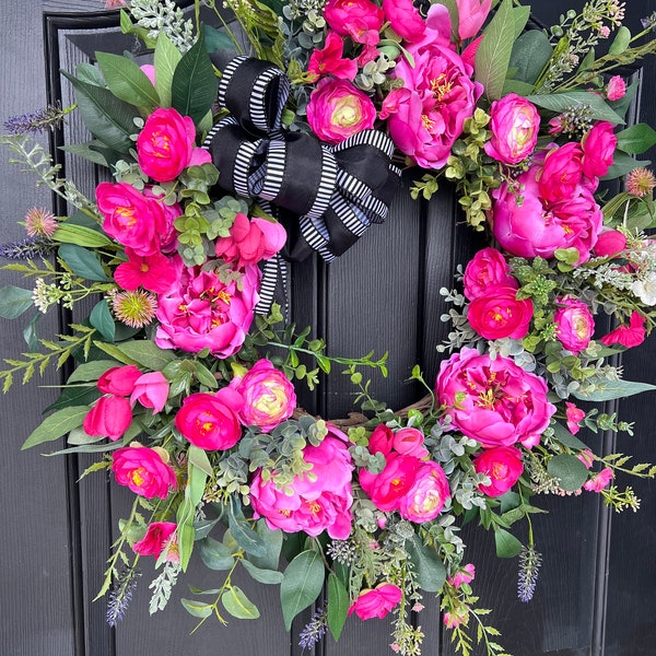 Spring Wreaths for Front Door| Front Door Wreaths| Tulip Door Wreath | Spring Wreaths |OutDoor Wreath | Wreath Front Door| Hot Pink Wreath