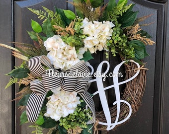 MADE IN USA| Spring Wreaths | Monogram Wreaths | Wreath for Door | Wreath for Home | Hydrangea Wreaths | Front Door Wreaths