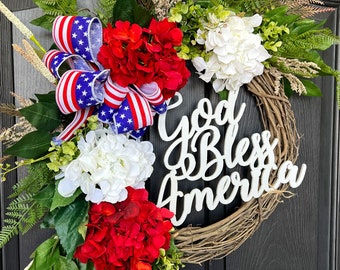 Summer Wreaths for Door | Front Door Wreaths | Gifts | Door Decor | Hydrangea Wreaths | Wreath for Summer | God Bless| Patriotic Wreath