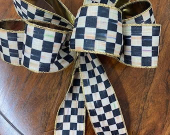 Elegant Boutique Bow| Macenzie Childs | Check Ribbon | Black and White | Gold ribbon