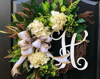 MADE IN USA| Summer Wreaths | Monogram Wreaths | Wreath for Door | Spring Wreaths | Gift for Birthday | Wreath for Home | Hydrangea Wreaths