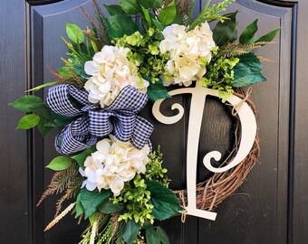 Summer Wreaths | Monogram Wreaths | Wreath for Door | Spring Wreaths | Gift for Birthday | Wreath for Home | Hydrangea Wreaths | Front Door